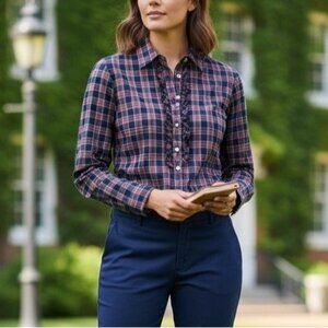 Brooks Brothers Womens Size 12 Navy Blue Ruffle Plaid Long Sleeve Button Up Top